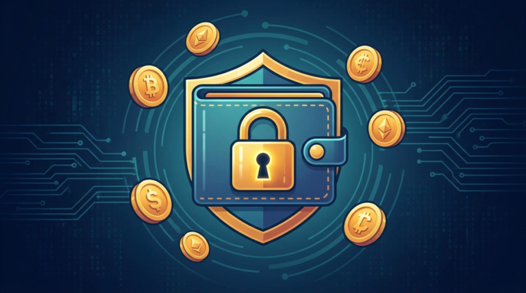 Secure digital wallet icon with a padlock and coin icons