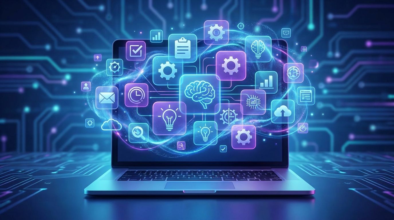 Collage of app icons representing productivity and AI tools above a laptop