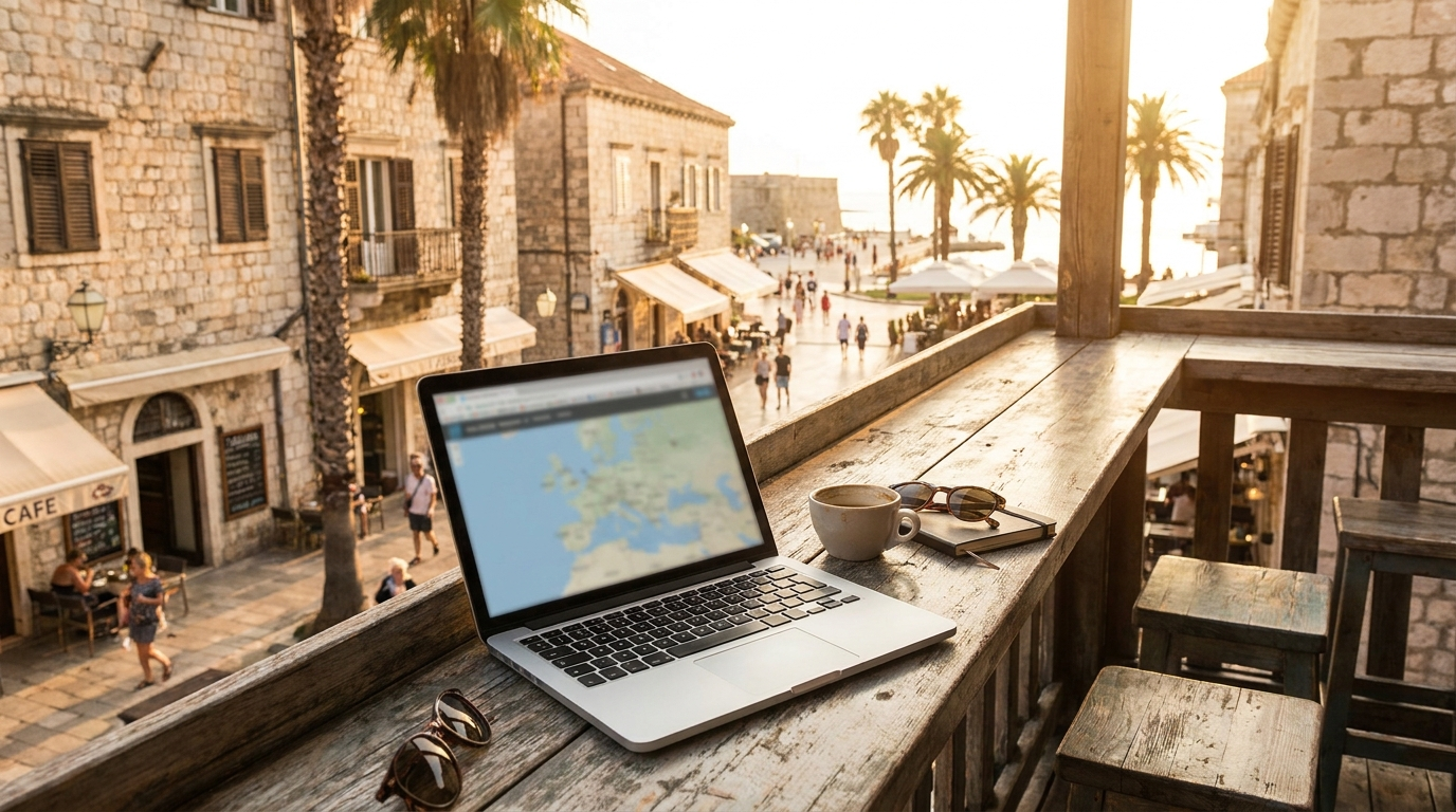 Laptop on a cafe table overlooking a budget-friendly coastal town