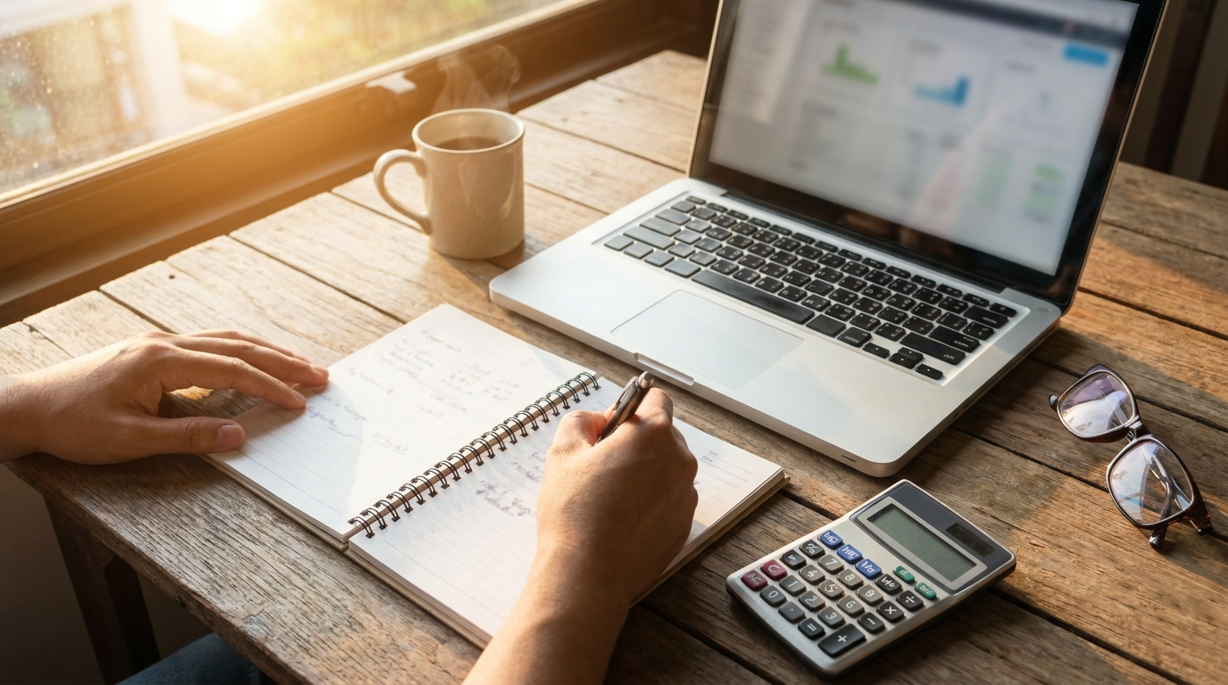 Hand writing in a budget planner notebook next to a laptop and calculator