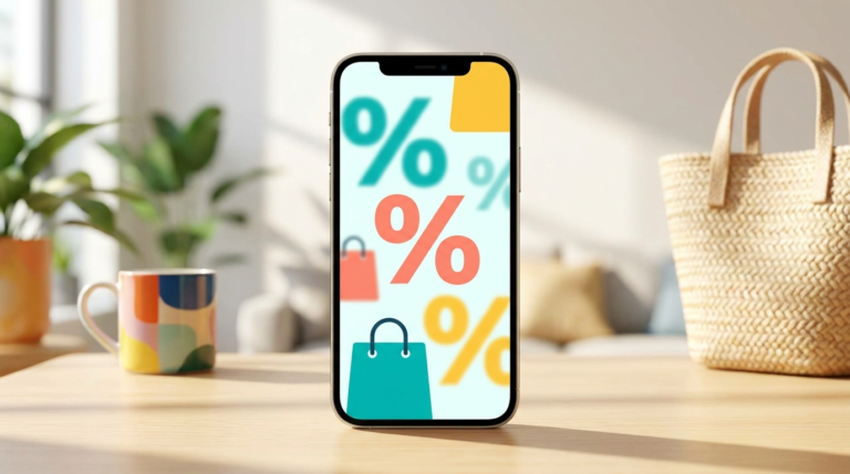 Smartphone showing a cashback app interface with a shopping bag