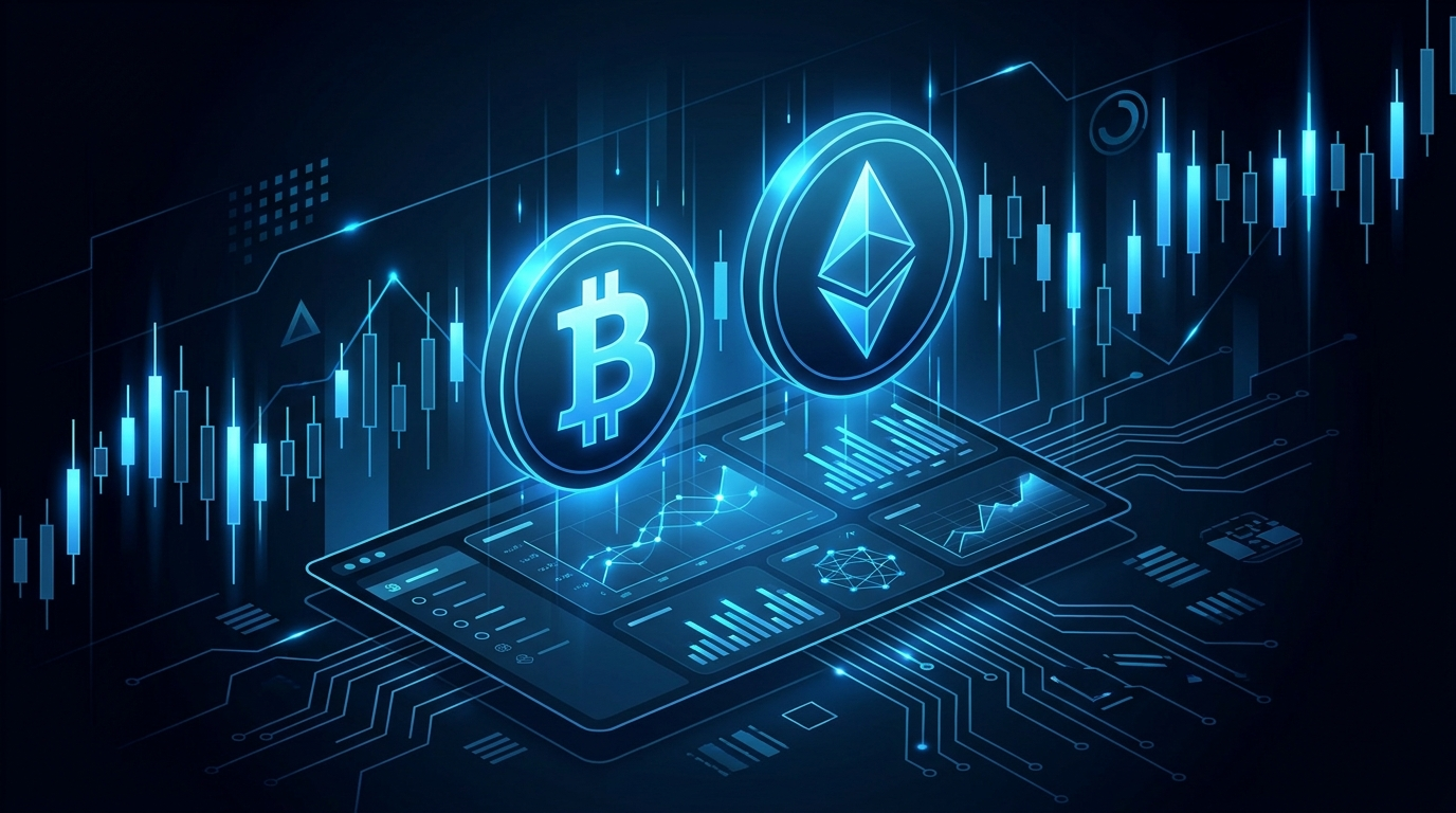 Crypto futures trading dashboard with candlestick charts and coin icons