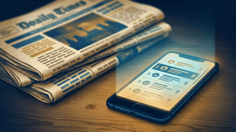 Stack of newspapers and a phone showing a ranked crypto news feed