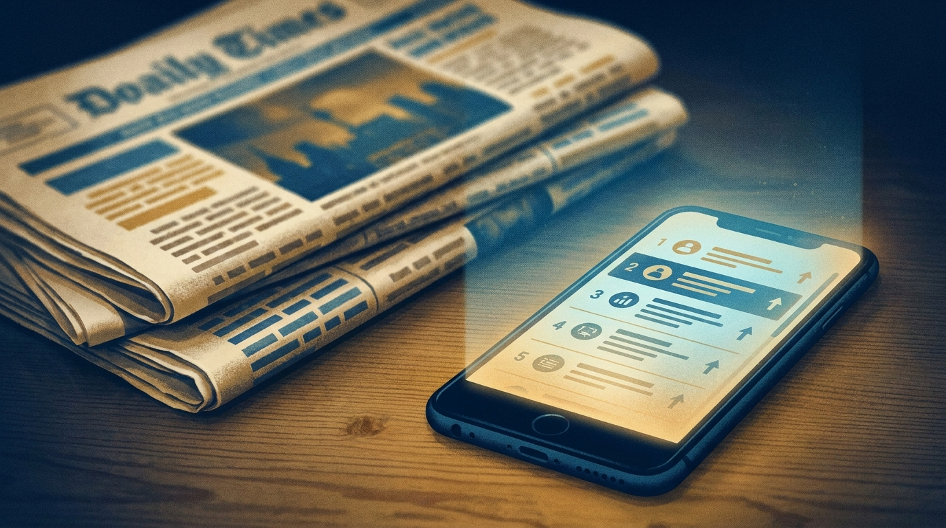 Stack of newspapers and a phone showing a ranked crypto news feed