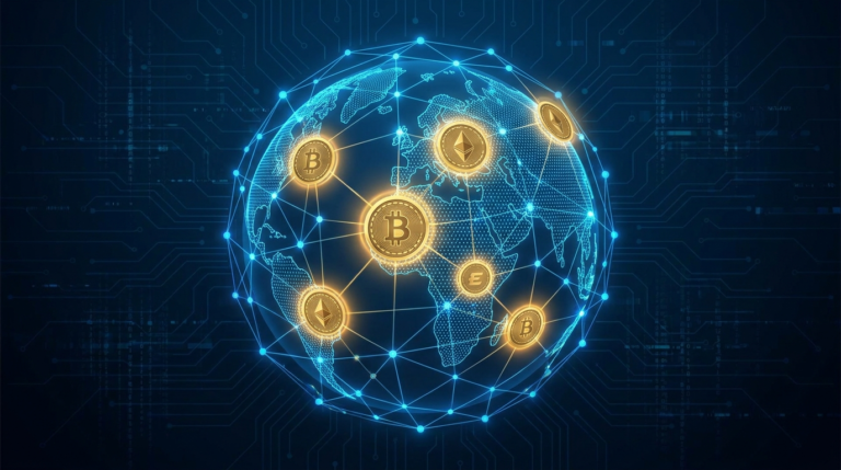 Abstract global network map representing crypto regulation news