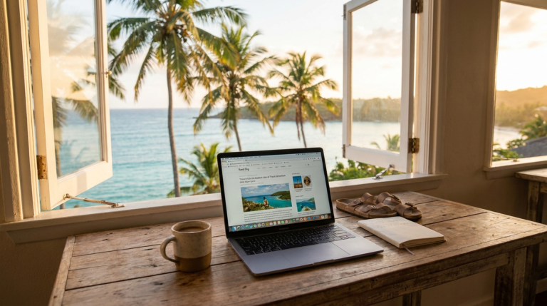 Laptop and coffee on a desk with ocean view, digital nomad workspace