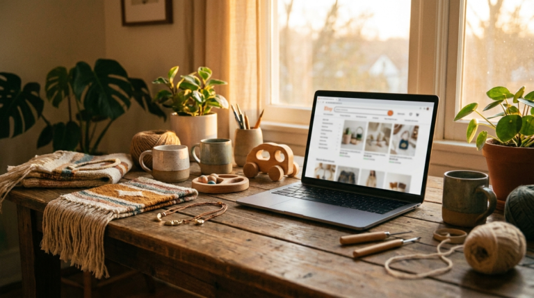 Handmade crafts next to a laptop showing an online marketplace storefront