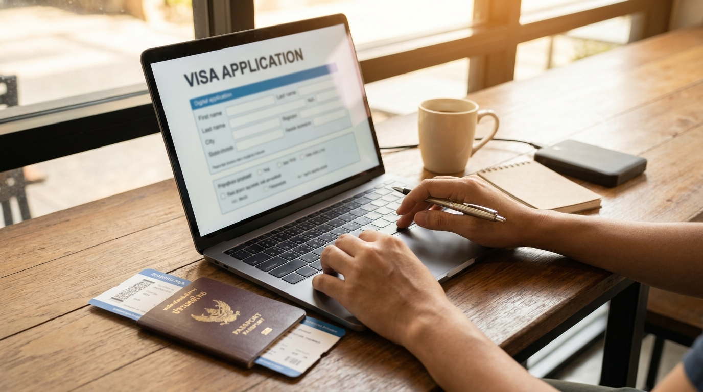Hands filling out a visa application form with a passport nearby
