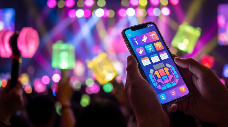 Hands holding a smartphone with a ticket booking app interface