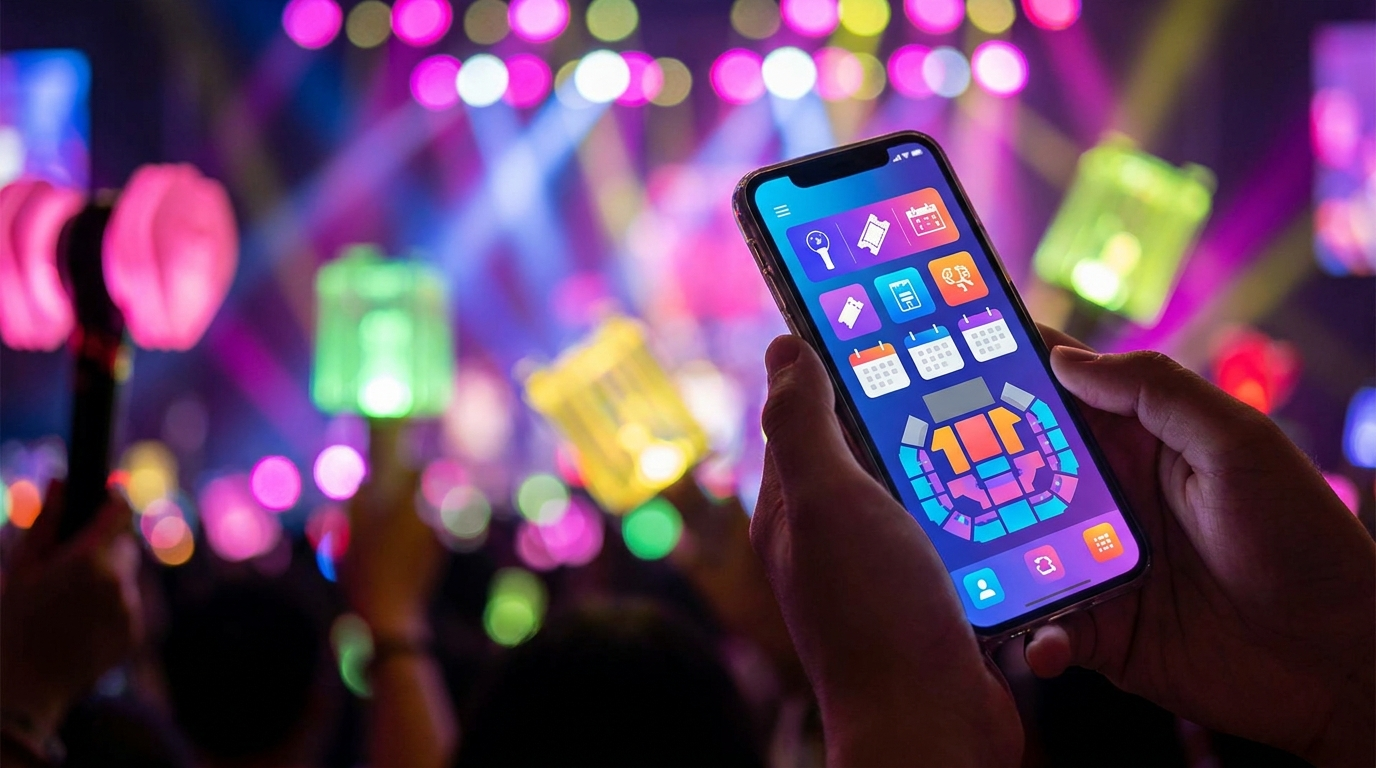 Hands holding a smartphone with a ticket booking app interface