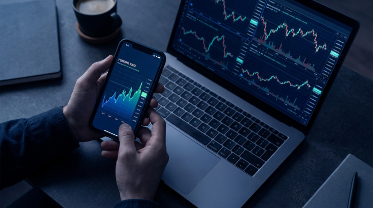 Trader checking a crypto funding rate chart on a phone
