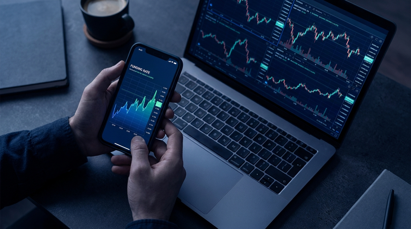 Trader checking a crypto funding rate chart on a phone