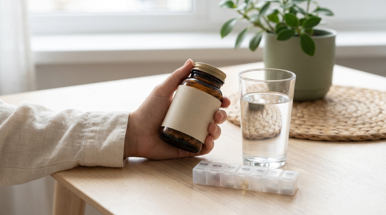 Hand holding a supplement bottle next to a glass of water