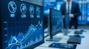 Stock market trading screens showing global market hours