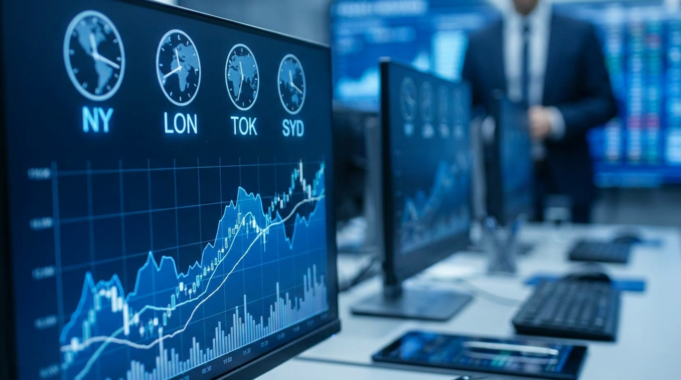 World clock showing multiple time zones above a stock chart