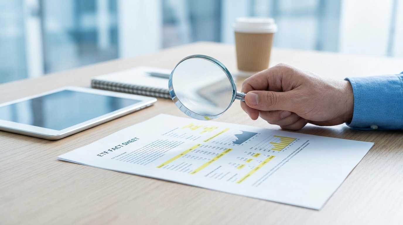 Hand pointing at a printed ETF fact sheet with a magnifying glass