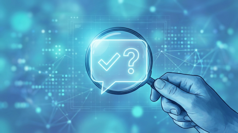 Magnifying glass over a chat bubble with a checkmark and question mark icon