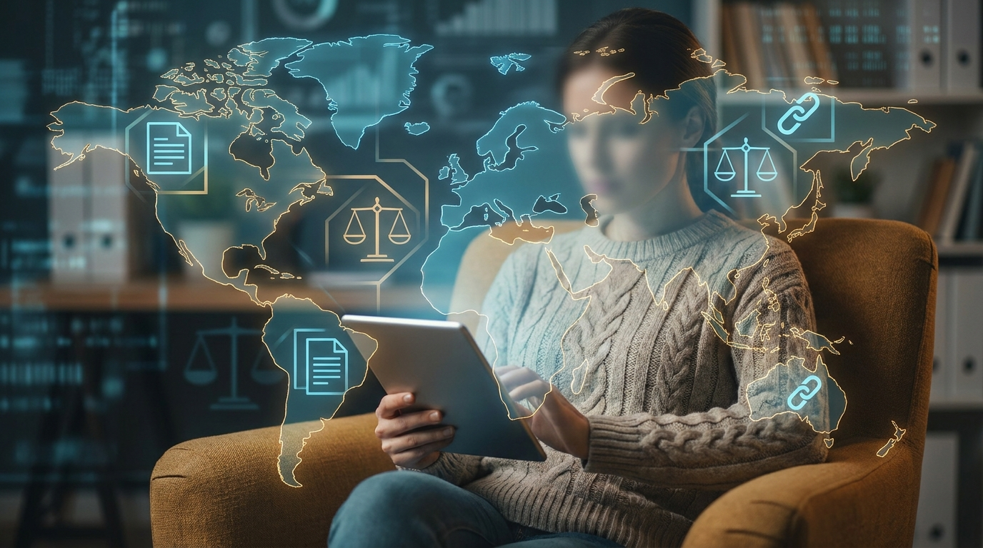 Person reading crypto regulation news on a tablet with a world map overlay