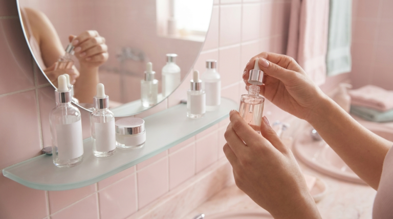 Hands applying serum in front of a mirror with skincare bottles