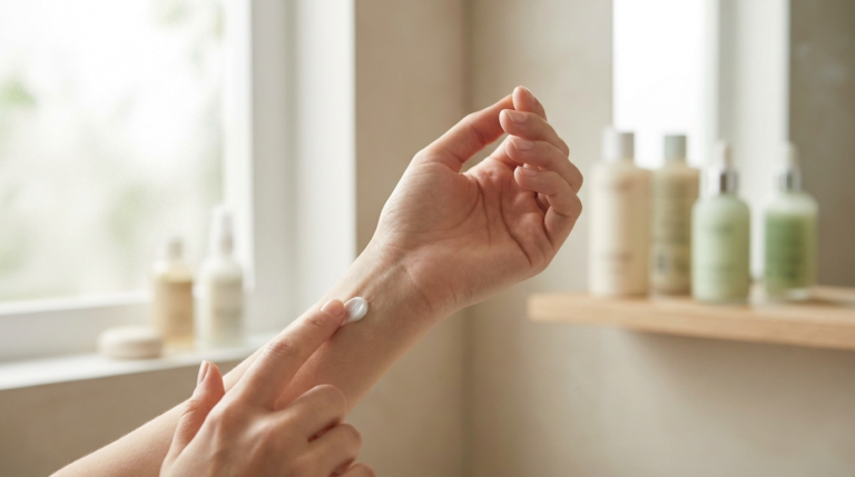 Hand applying a patch of cream on inner wrist for a patch test