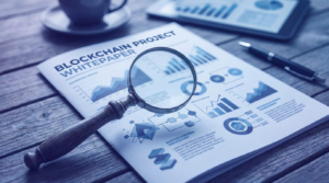 Blockchain project whitepaper being reviewed with a magnifying glass