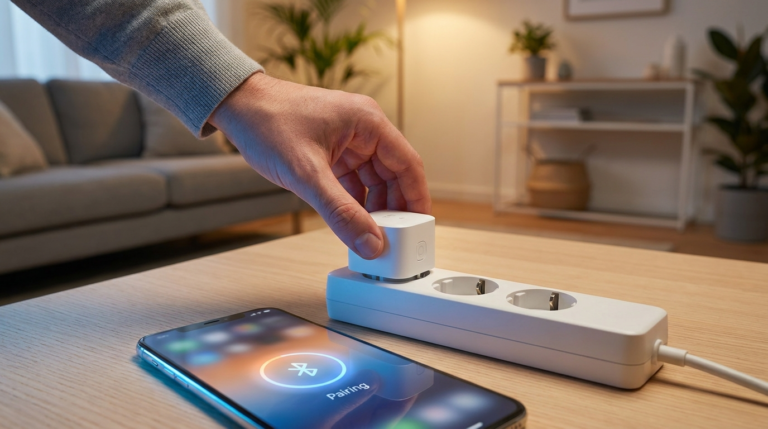Hand setting up a smart plug device with a phone app nearby