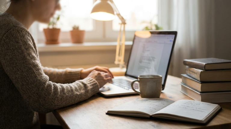 Person typing on a laptop at a home desk with a notebook and coffee