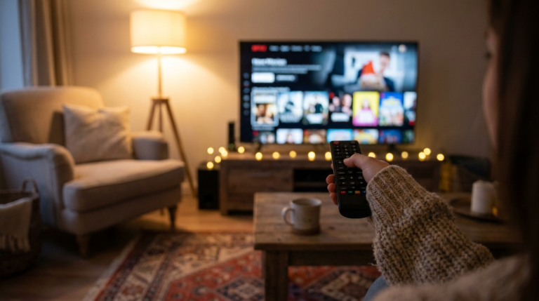 Hand holding a remote control in front of a streaming app grid
