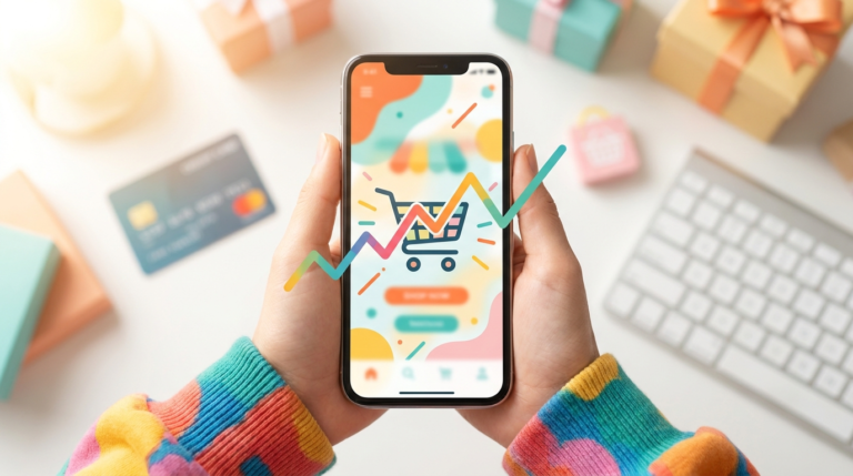Hand holding a phone showing a price history graph over a shopping cart icon