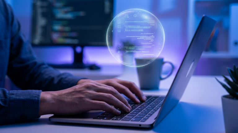 Hands typing on a laptop with a glowing chat interface bubble