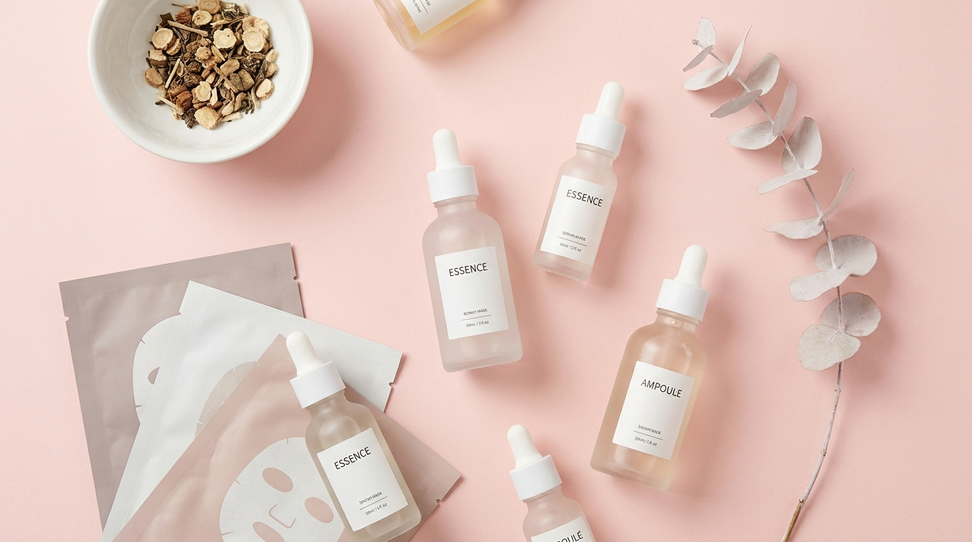 Flat-lay of Korean skincare serum bottles and sheet masks