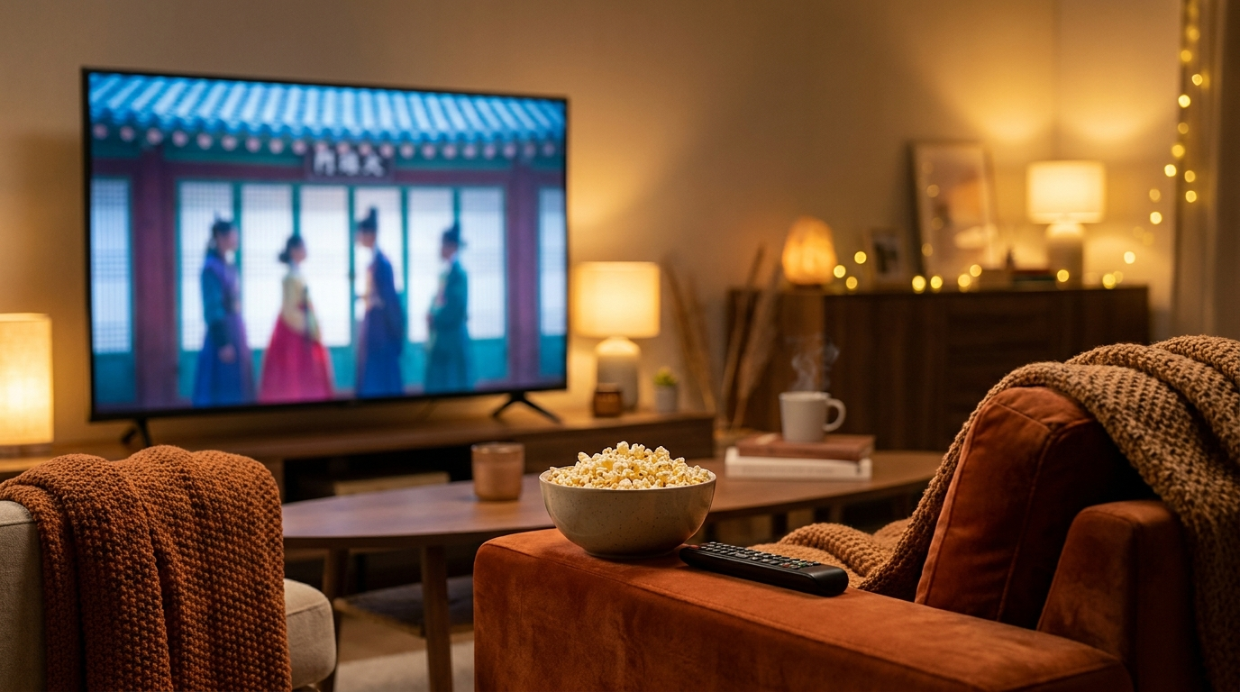 Cozy living room with TV playing a Korean drama