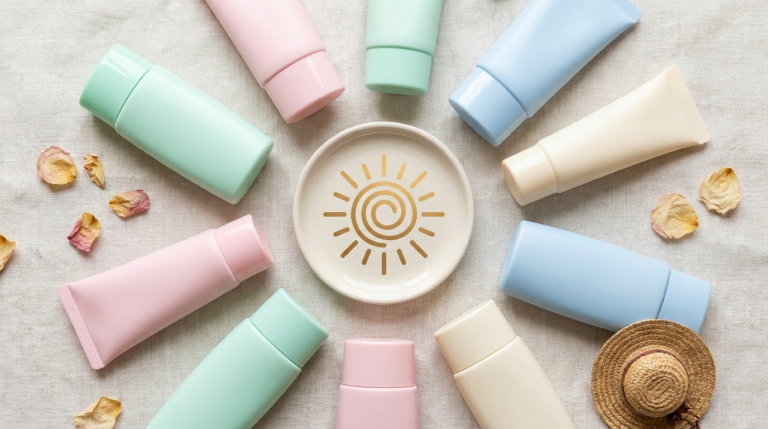 Flat-lay of sunscreen bottles and tubes with a sun icon graphic