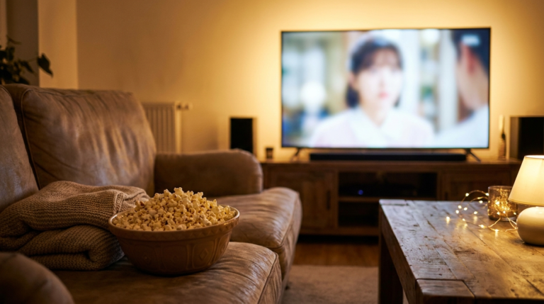 Popcorn bowl and blanket on a couch facing a glowing TV