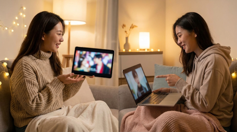 Two friends on a video call watching the same show on separate screens