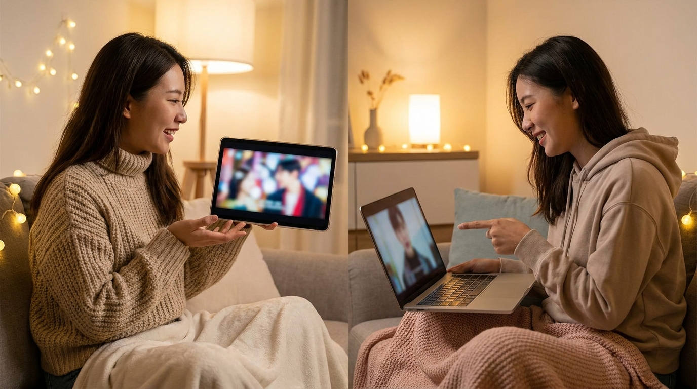 Two friends on a video call watching the same show on separate screens