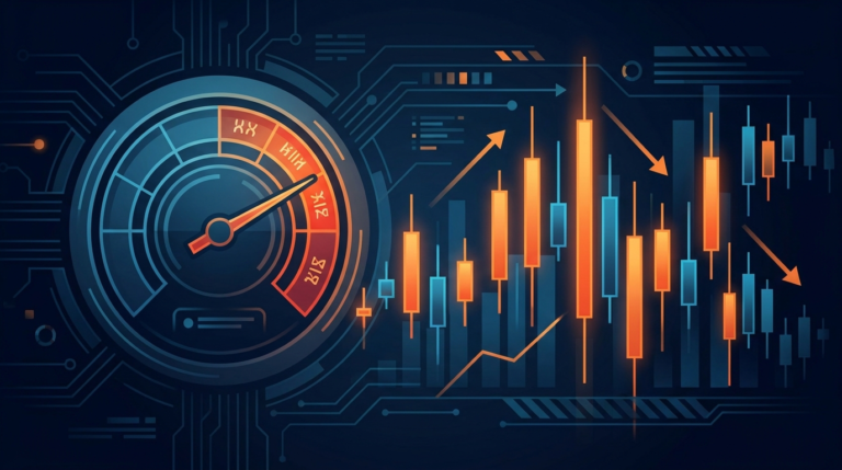 Risk gauge dial next to leveraged crypto trading candlestick charts