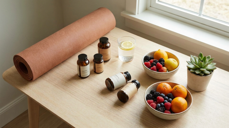 Flat-lay of supplement bottles, yoga mat, and fresh fruit