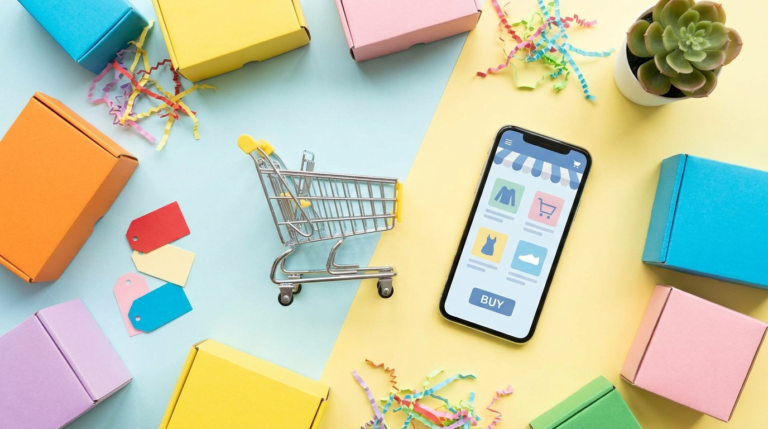Flat-lay of online shopping boxes and a smartphone shopping app