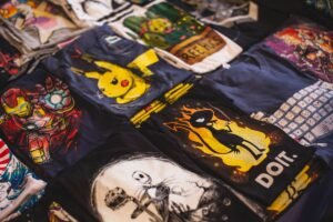 Print-on-demand graphic t-shirts displayed for sale