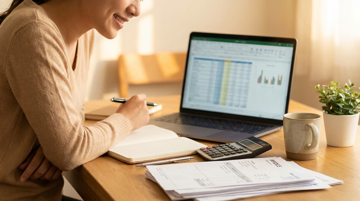 Person reviewing a pricing spreadsheet on a laptop with a calculator