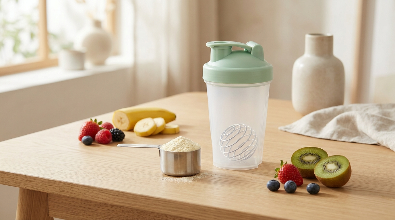 Protein powder scoop and shaker bottle with fresh fruit