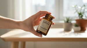 Hand holding a supplement bottle and reading the label