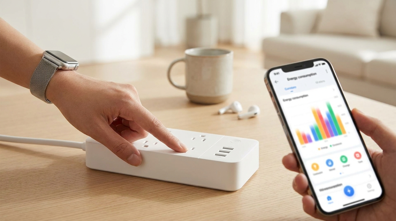 Hand adjusting a smart plug with an energy usage app on a phone