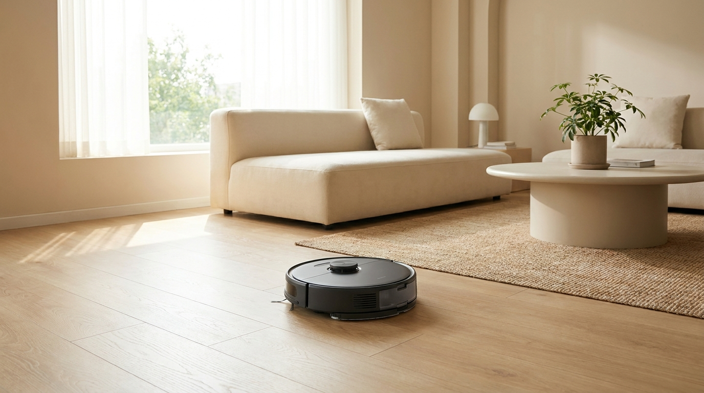 Robot vacuum cleaning a modern living room floor