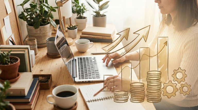 Freelancer working on a laptop with growth chart illustration overlay