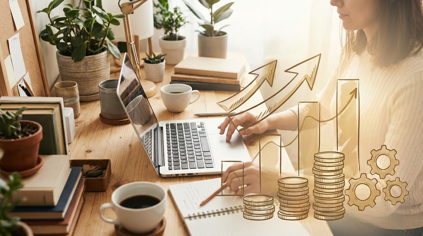 Freelancer working on a laptop with growth chart illustration overlay