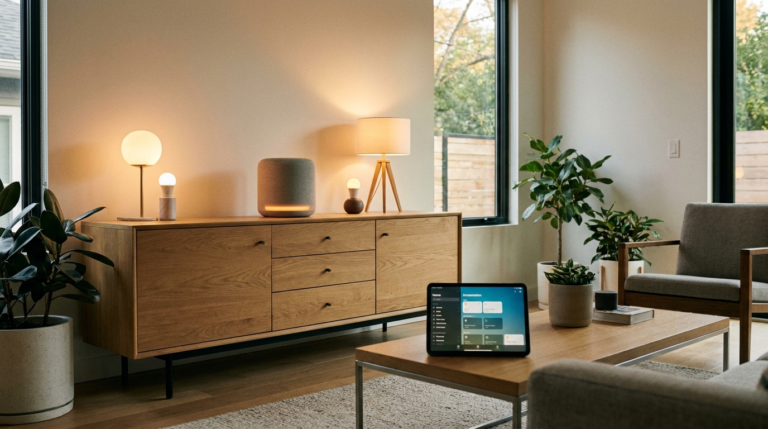 Modern smart home living room with smart speaker and devices