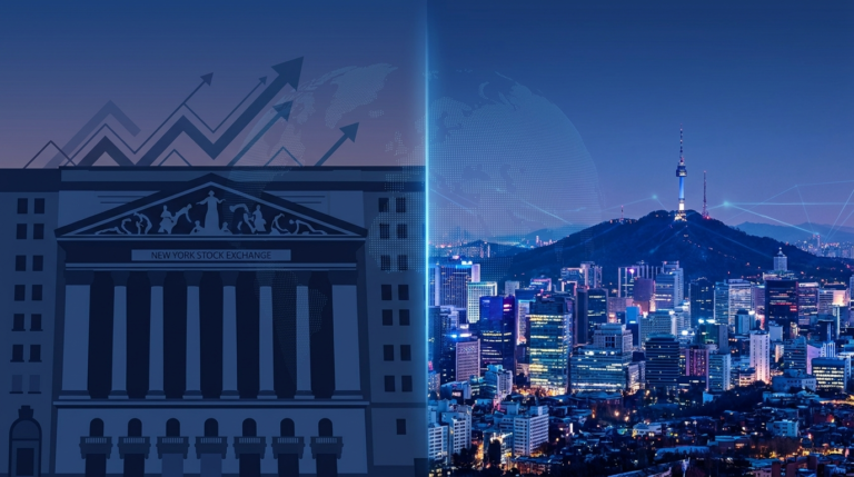 Split-screen of a New York exchange building and Seoul skyline at dusk