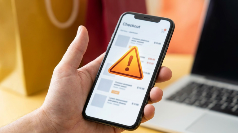 Hand holding a phone with a warning icon over a suspicious checkout page